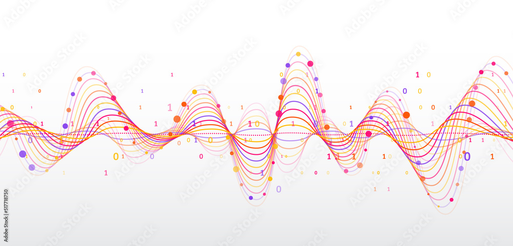 Poster Sorting transformation of information. Colorful wavy lines. Abstract data visualization on a gray-white background.