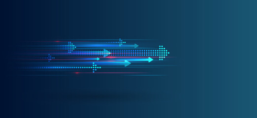 Modern high-tech background for presentations and websites. Abstract background with glowing dynamic lines. Futuristic red-blue stripes with arrows.