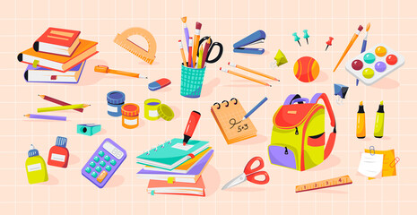 School supplies. Stacks of books, notebooks, writing supplies for the office and school. Back to school. Flat vector illustration