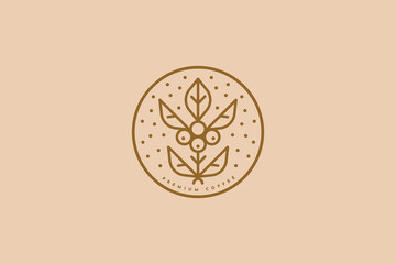Logo template for a coffee shop or coffee house. Emblem with a coffee tree sprout in an elegant round frame. The concept of organic drinks. Vector illustration in a linear style.