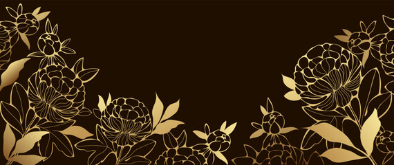 Elegant gold floral pattern isolated on dark background. Luxury golden gradient  peonies flower line art vector wallpaper design for banner, cover, wall art print, greeting card, wedding invitation.
