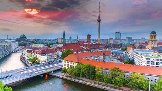 Berlin skyline aerial view at sunset colored sky tv tower berlin mitte germany