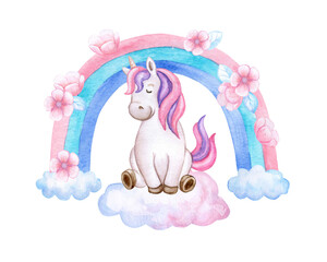 cartoon unicorn on clouds with flowers, rainbow isolated on white background. Watercolor, illustration, clipart, Template. Baby party, baby shower decor