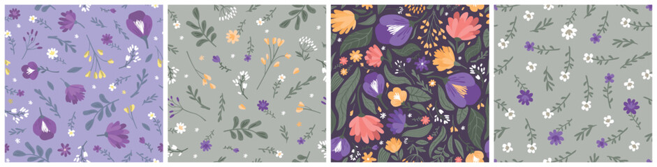 Set of vector seamless floral patterns. Beautiful backgrounds for fabric, wallpaper, wrapping paper.