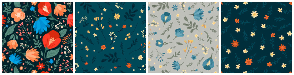 Set of vector seamless floral patterns. Beautiful backgrounds for fabric, wallpaper, wrapping paper.