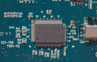 circuit board with microchip close-up