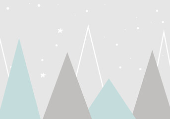 Mountains and stars in dusty pastel colors. For baby wallpapers, decor, web banners, posters. Vector illustration. Children's wallpaper. Hand drawn in scandinavian style. Mountain landscape. - obrazy, fototapety, plakaty