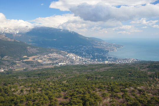 Picturesque view of the city of Yalta and Black Sea from Ai Petri mountain in Crimea