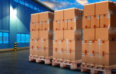 Warehouse business. Cardboard boxes on pallets. Pallets with boxes next to warehouse. Delivery service logistics center. Cardboard boxes in open. Logistics and storage of courier company. 3d image.
