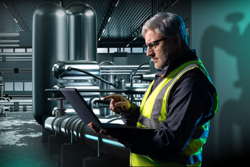 Man in chemical factory. Chemical plant workers. Human in yellow vest in chemical plant. Steel industrial equipment behind engineer. Gray-haired man with laptop. Working in toxic industry.
