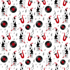 Seamless vector pattern of hand drawn black and red retro roaring 1920s objects and a smoking flapper