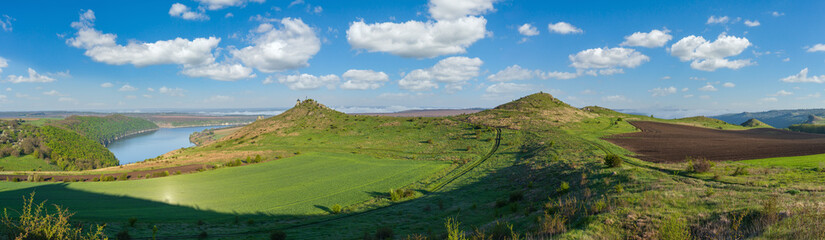 Amazing spring view on the Dnister River Canyon with picturesque rocks, fields, flowers. This place...