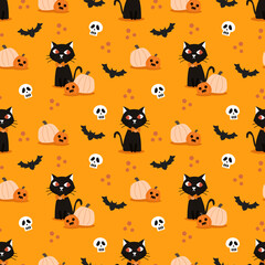 Black Cat and Spooky Halloween Pumpkin Seamless Pattern