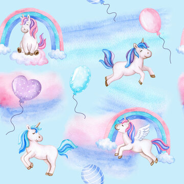 Cartoon unicorns on the clouds and a rainbow. Seamless pattern. Baby party, baby shower. Watercolor, illustration, clipart