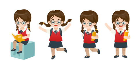 Cute little school girl poses collection. Set of cartoon girl in uniform expressions. Smart kid.