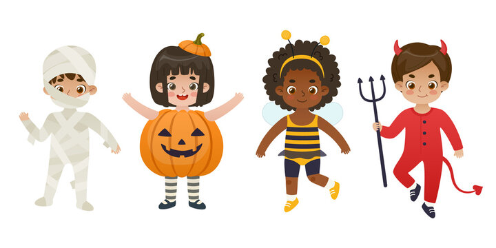 Set of cute kids in halloween traditional costume. Collection of cartoon adorable dressed up children.