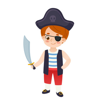 Cute Baby Boy Dressed Up Like Pirate. Cartoon Kid In Halloween Costume.