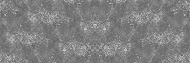 Old gray grey vintage worn geometric shabby mosaic ornate patchwork motif porcelain stoneware tiles stone concrete cement wall texture backgrounds panorama, 45 degrees angle