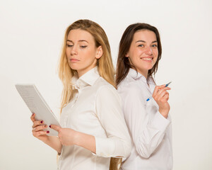 two, blond, isolated, dispute, intern, staff, manager, colleague, complicated, people organizing,...