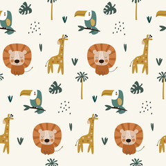 Seamless pattern with lion, toucan, giraffe. Vector illustrations