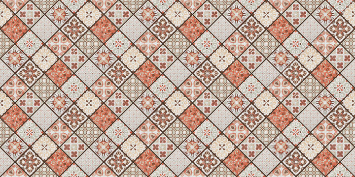 Old seamless orange vintage worn geometric shabby mosaic ornate patchwork motif porcelain stoneware tiles, square mosaic stone concrete cement tile mirror wall texture backgrounds, 45 degrees angle