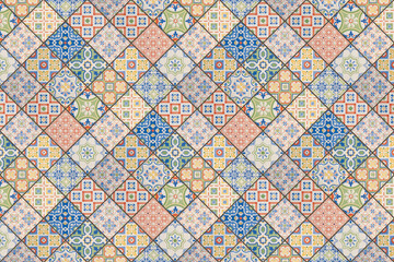 Image of Old colorful seamless flowers leaves vintage geometric shabby mosaic ornate patchwork motif porcelain stoneware tiles, square mosaic stone concrete cement tile  wall texture background, 45 degrees. printed on Printed Glass Splashbacks