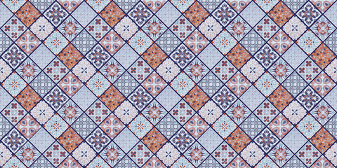 Old seamless orange blue vintage worn geometric shabby mosaic ornate patchwork motif porcelain...