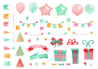 Birthday party elements watercolor set on isolated white background. For designing greeting cards, social media, stationery, printing on objects, etc.