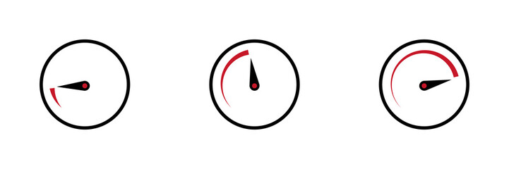 Speed level indicator. Circle with arrow and scale. Barometer level in black and red. Minimum, average and maximum speed. Download and upload speed. Vector illustration.