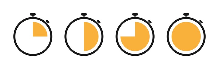 Stopwatch icons. Set of clock timer in flat design in orange. Stopwatches for time management, web, apps and other. Speed measure tool. Vector illustration.