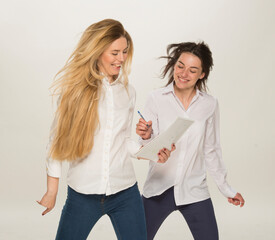 two, blond, isolated, dispute, intern, staff, manager, colleague, complicated, people organizing,...