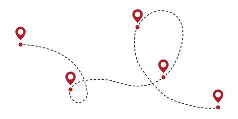 Dotted path line with red points. Travel concept with path way. Vector flat map way isolated. Vector illustration.