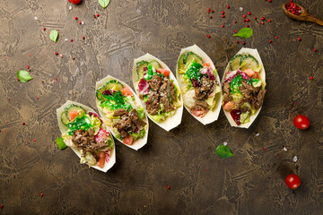 Steak salad with beef and mix salad, canapes - obrazy, fototapety, plakaty