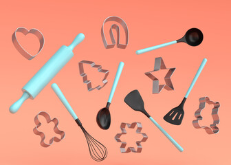 Wooden kitchen utensils and cookie cutters on coral background