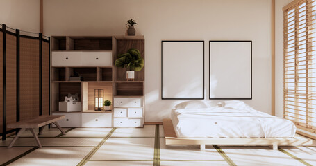 Box Wall Shelves on bed room japanese style, tatami mat and decoration lamp and plants on white zen...