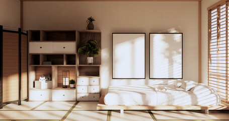 Box Wall Shelves on bed room japanese style, tatami mat and decoration lamp and plants on white zen room.3D rendering