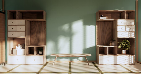 Box Wall Shelves on living room japanese style, tatami mat and decoration lamp and plants on mint zen room.3D rendering