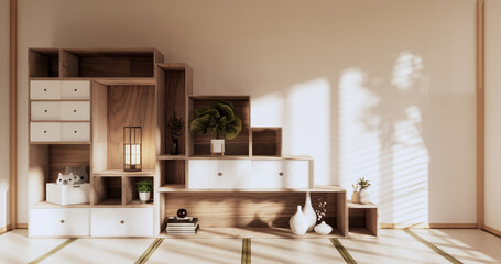 Box Wall Shelves on living room japanese style, tatami mat and decoration lamp and plants on white zen room.3D rendering