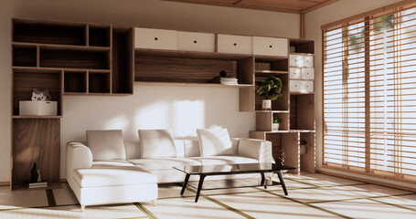 White Sofa japanese on room japan tropical desing and tatami mat floor.3D rendering