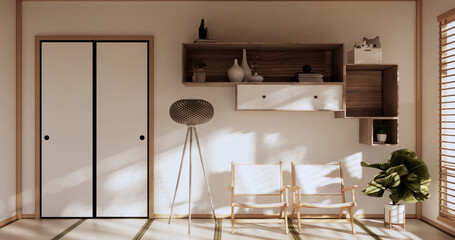 Box Wall Shelves on living room japanese style, tatami mat and decoration lamp and plants on white...