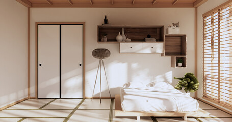 Fototapeta na wymiar Modern peaceful Bedroom. japan style bedroom.3D rendering
