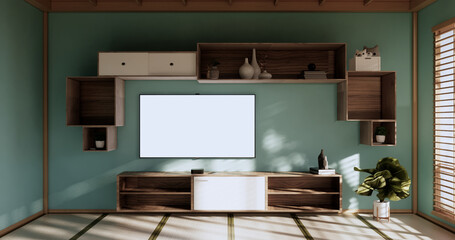 Box Wall Shelves on living room japanese style, tatami mat and decoration lamp and plants on mint zen room.3D rendering