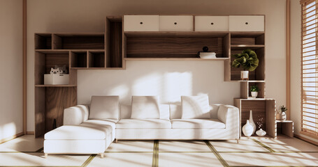 White Sofa japanese on room japan tropical desing and tatami mat floor.3D rendering