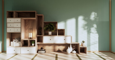 Box Wall Shelves on living room japanese style, tatami mat and decoration lamp and plants on mint zen room.3D rendering