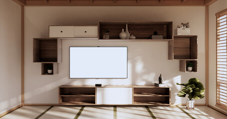 Box Wall Shelves on living room japanese style, tatami mat and decoration lamp and plants on white zen room.3D rendering