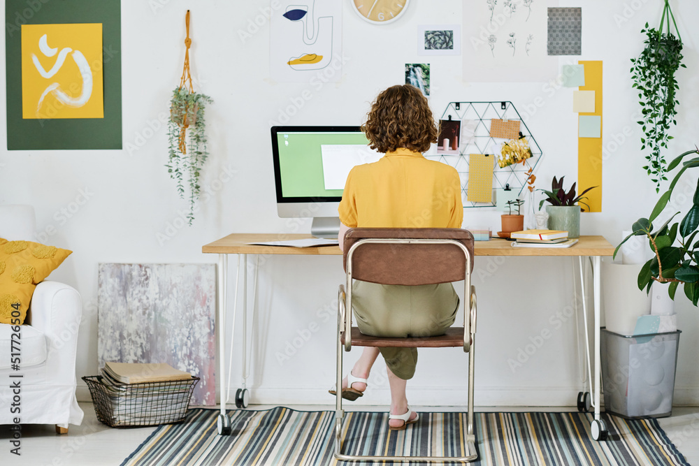 Poster rear view of young female freelancer in casualwear sitting by workplace in front of computer monitor