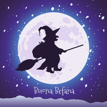 Good witch flying on broom, festa della Epiphany, Buona Befana greeting card