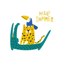 Poster with clocodile, toucan and tiger. Vector illustrations