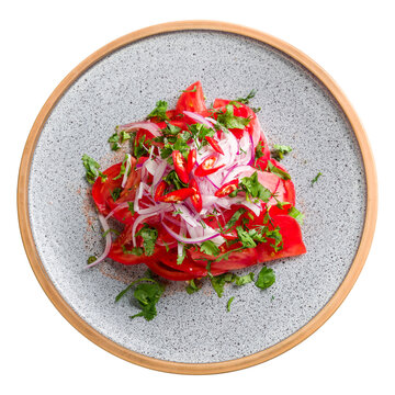 Tomato salad with red onion on plate, achichuk salad, achik chuchuk isolated on white background top view