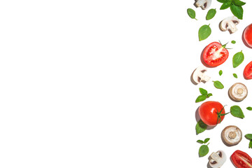 Mushrooms, tomato and basil isolated on white. Flatlay pattern on white background top view